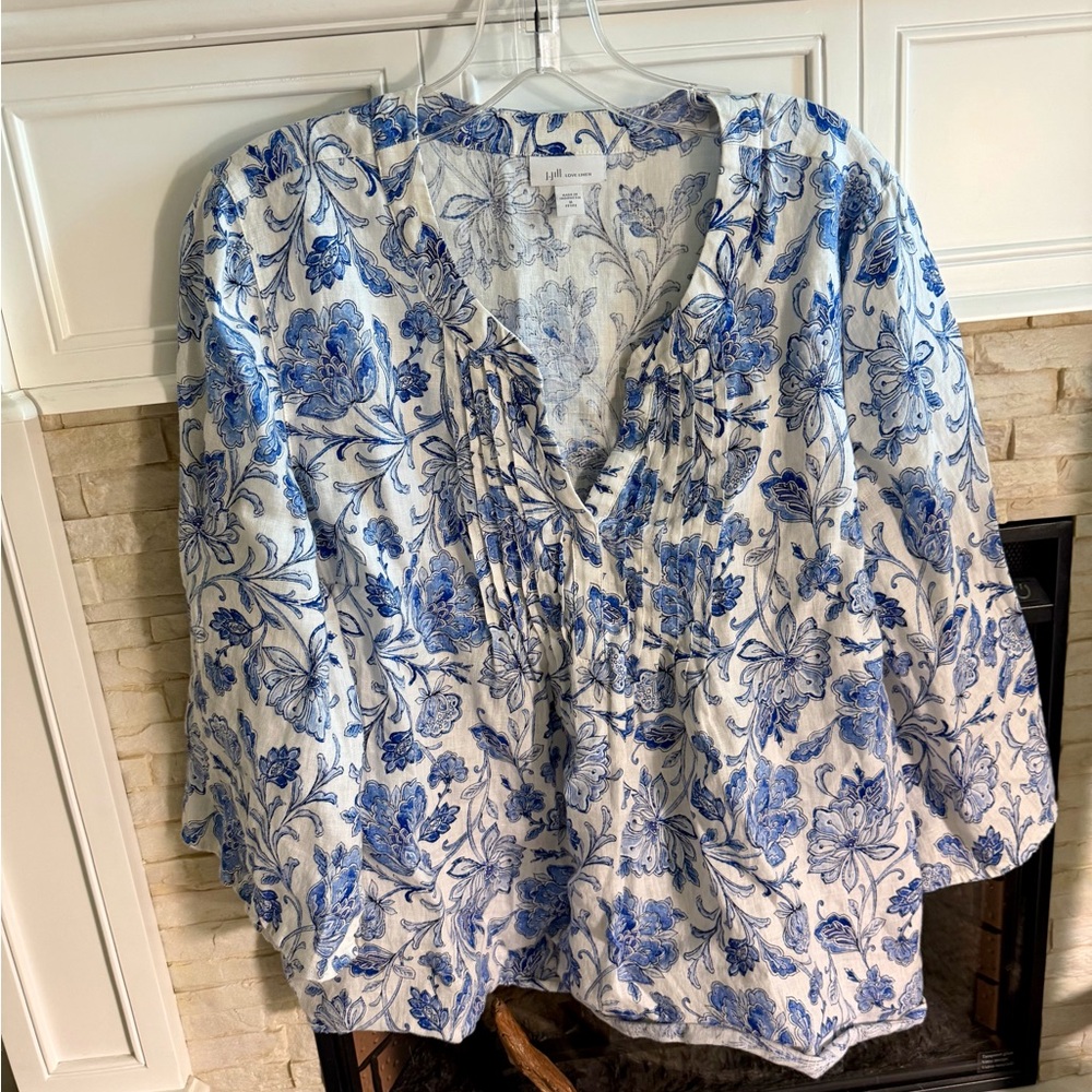 J. Jill 100% Linen White and Blue Floral Print Tunic - M